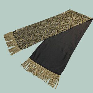 Elegant Black & Gold Jacquard Table Runner w/ Tassels 13 x 72 Elephants Fringe